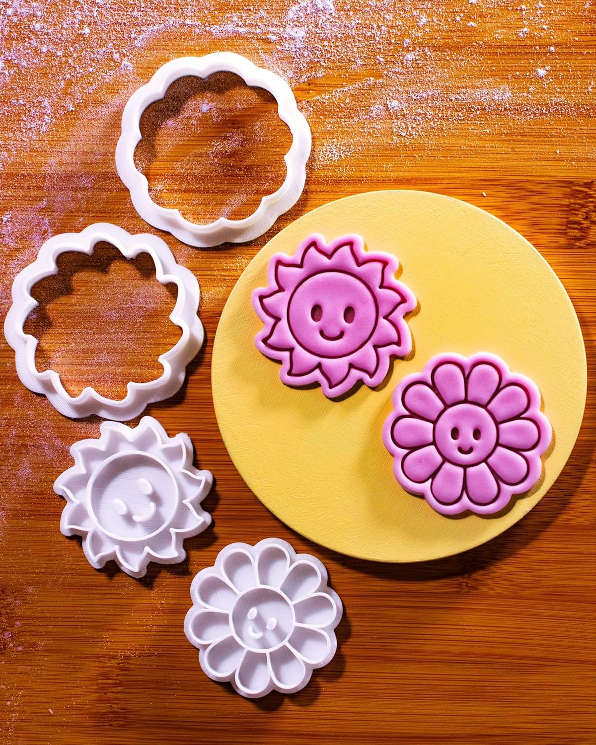 Bakerlogy Happy Days - Mini 2" Cookie Cutter & Stamp Set - Happy Daisy & Happy Sun Design for Easter, Summer & Spring Cookies