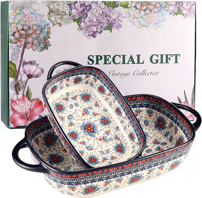 Polish Pottery Style Ceramic Baking Dish Set of 2 – Decorative Casserole Dishes with Handles, Cute Oven-Safe Lasagna Bakeware Gift Set