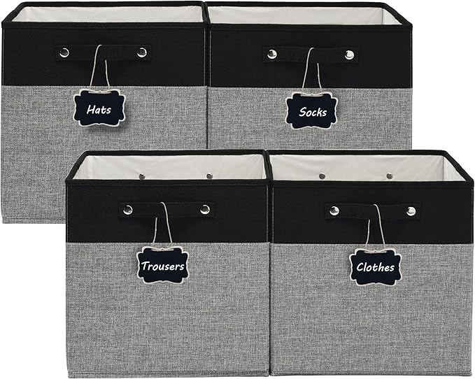 FinishingBo 13x13x13 Inches Fabric Storage Bin with Handles, Cube Storage Bins, Storage Baskets for Organizing Shelf Home Closet,4 Pack (Black and Grey)