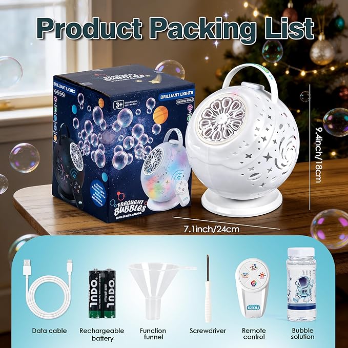 Upgraded Bubble Machine with Wireless Remote, 90° & 360° Rotating Maker, 7 Colors LED Light, 20000+ Output per Min, Type-C Charge, Automatic Blower for Kids Toddlers Indoor Outdoor Wedding