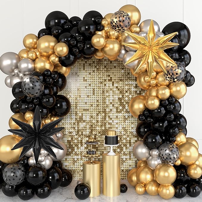 Amandir Black and Gold Balloons Arch Kit for Graduation Party Decorations, 145Pcs Black Gold Silver Confetti Balloons with Foil Star for 2026 Graduation College Congrats Grad Class Birthday Supplies
