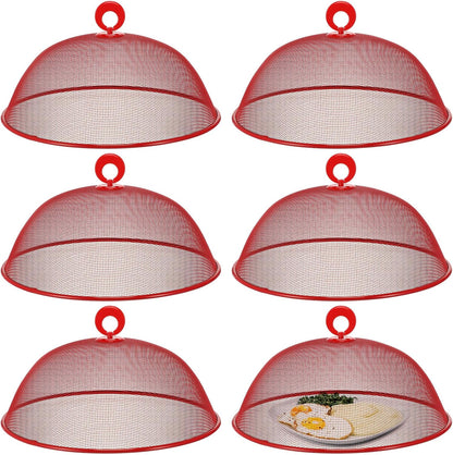 Gerrii 6 Pcs Metal Mesh Food Cover Outdoor Mesh Food Tents Dome Screen Plate Covers for Dinner Plates Reusable Fruit Fly Nets Picnic Food Umbrella for Table, BBQ, Camping, Party (Red,11 Inch)