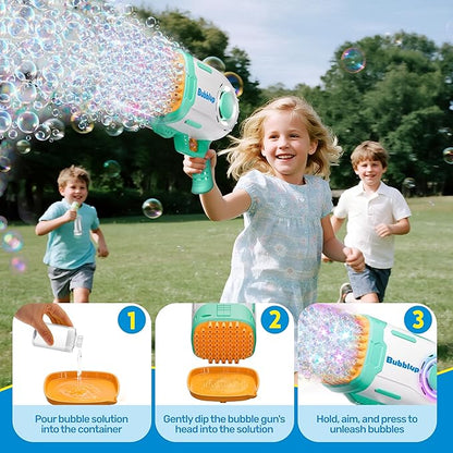 Play-Act 69 Holes Bubble Machine Guns Toys, Bazooka Rocket Shape Bubble Gun for Kids Adults, Colored Lights Blaster Blower with Solution Outdoor, Summer Toys, Party Favors, Wedding, Birthday