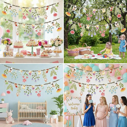 48Pcs Flower Fairy Banner Decorations Floral Designs Wildflower Garland – with 5m Jute Rope, for Baby Shower, Wedding, Easter Backdrop, Enchanted Garden Party Supplies (Fairy)