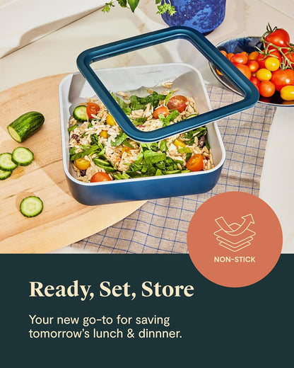 Caraway Glass Food Storage, 10 Cup Glass Container - Ceramic Coated Food Container - Non Stick Lunch Box Container with Glass Lids. Dishwasher, Oven