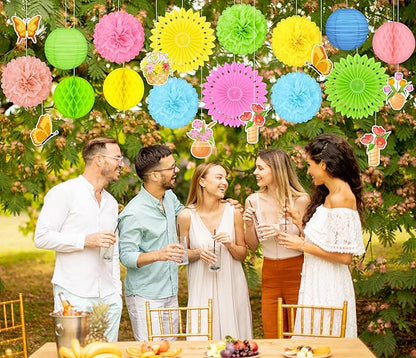 22pcs Spring Decorations for Home – Hanging Paper Fans, Lanterns, Pom Poms, Hanging Swirls for Office, Classroom, Birthday Party, Indoor Outdoor Ceiling Decor