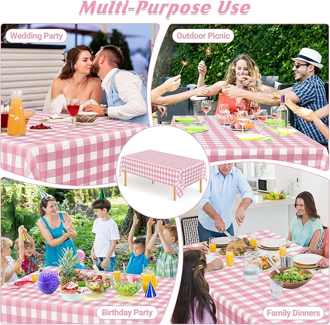 12Pack Table Cloth Rectangle Table, 54" x 108" Plastic Table Cloth Disposable, Waterproof Pink and White Checkered Table Cover for Outdoor Picnic Birthday Party Supplies Gathering BBQ Holiday Dinner