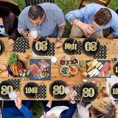 96PCS 80th Theme Birthday Party Tableware Vintage 1946 Party Supplies 80 Year Old Birthday Decorations Plates Napkins Forks Black and Gold Dinnerware Favors for Men or Women