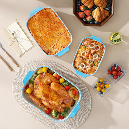 MALACASA Casserole Dishes for Oven, Ceramic Baking Dishes Set of 3, Rectangular Lasagna Pan Deep Baking Pans, Bakeware Sets with Handles Gift Set, White with Blue Trim(13.8''/11.7''/9.4''), Series BAKE