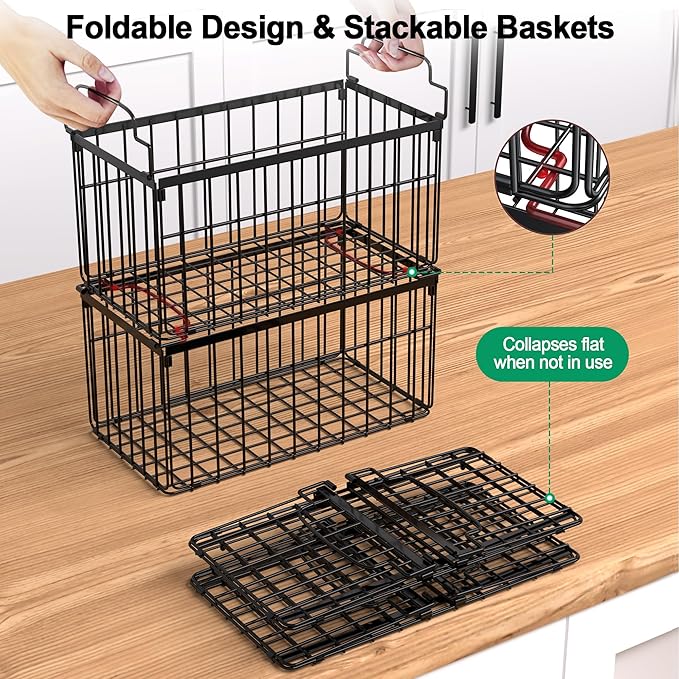 MSERCUOR Freezer Organizer Bins, 4 Pack Stackable Deep Chest Freezer Organizer Bins, Foldable Baskets with Handles, Black Storage Container Baskets for 5/ 7 Cu.FT Deep Freezer Sort Frozen Meats