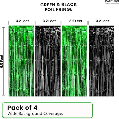 KatchOn, Green and Black Fringe Backdrop Curtains - Pack of 4 | Black and Green Party Decorations | Golf Party Decorations, Birthday, Bachelorette, Wedding, Masters Party Decorations