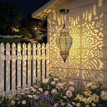 Hapjoy Moroccan Hanging Solar Lights Outdoor Lantern Bidirectional Availabili Garden Decor Waterproof Plastic Gold Decorations for Patio Pathway Yard Backyard Solar Powered Garden Decorative (1, gold)