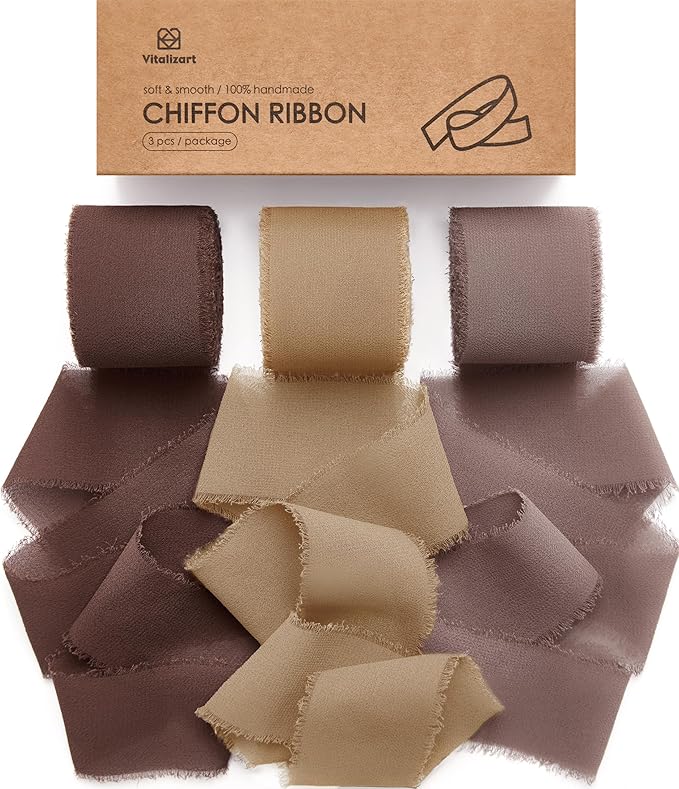 Vitalizart Brown Handmade Chiffon Silk Ribbon Fringe 1.5" x 21 Yd Brown & Nude Frayed Edges Ribbons for Wedding Invitations Bridal Bouquets Gifts Wrapping Crafts Holiday Party Decorations