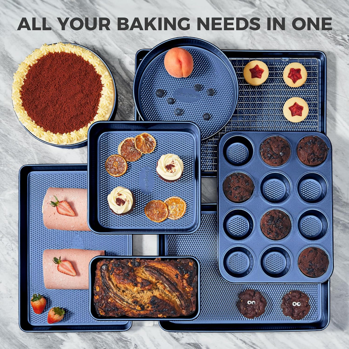 Hongbake 9-Piece Baking Pans Set Nonstick, Stackable Non Toxic Bakeware Sets with Diamond Texture, Oven Pan Set for Cooking