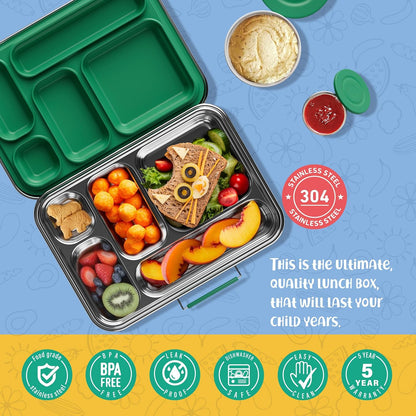 Stainless Steel Bento Box Kids, Kids Metal Bento Lunch Box BPA Free Lunch Box Containers 304 Stainless Steel Bento Box for School and Office(Green)