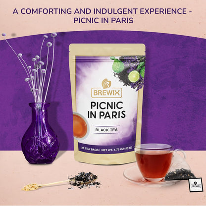 Brewix, Earl Grey with Lavender Tea, Picnic in Paris Black Tea (25 Pyramid Tea Bags), Black Tea with Bergamot, Lavender and Vanilla Notes, Gourmet Tea