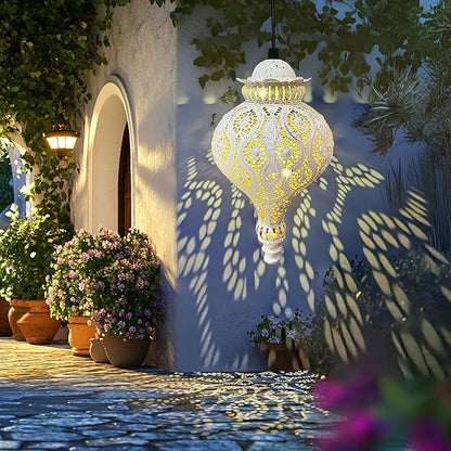 Moroccan Solar Lanterns Outdoor Waterproof White Hanging Lanterns Outdoor Ramadan Garden Decor Gardening Gifts for Women Mom Grandma Solar Lights for Patio, Pathway, Yard, Porch, Backyard.