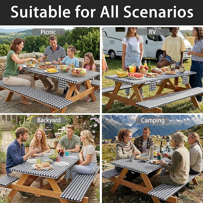 3 Piece Fitted Elastic Picnic Table Cover with Bench Covers 72x30 Inch Weather Proof Outdoor Table Cloth Summer Motorhome Patio Vacation Things White Elephant