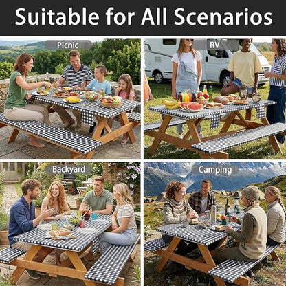 3 Piece Fitted Elastic Picnic Table Cover with Bench Covers 72x30 Inch Weather Proof Outdoor Table Cloth Summer Motorhome Patio Vacation Things White Elephant