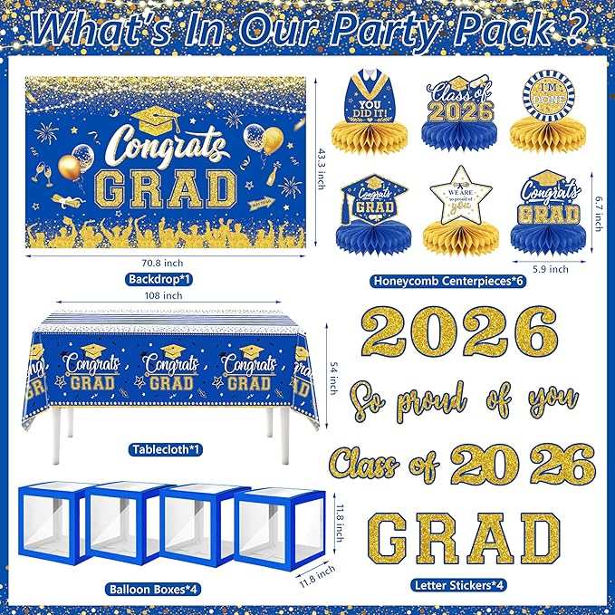 Graduation Decorations Class of 2026 Congrats Grad 2026 Party Supplies Include Backdrop Tablecloth Balloon Boxes with Letters Honeycomb Centerpieces Balloon Arch Kit Foil Balloons (Blue and Gold)