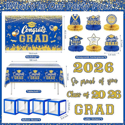 Graduation Decorations Class of 2026 Congrats Grad 2026 Party Supplies Include Backdrop Tablecloth Balloon Boxes with Letters Honeycomb Centerpieces Balloon Arch Kit Foil Balloons (Blue and Gold)
