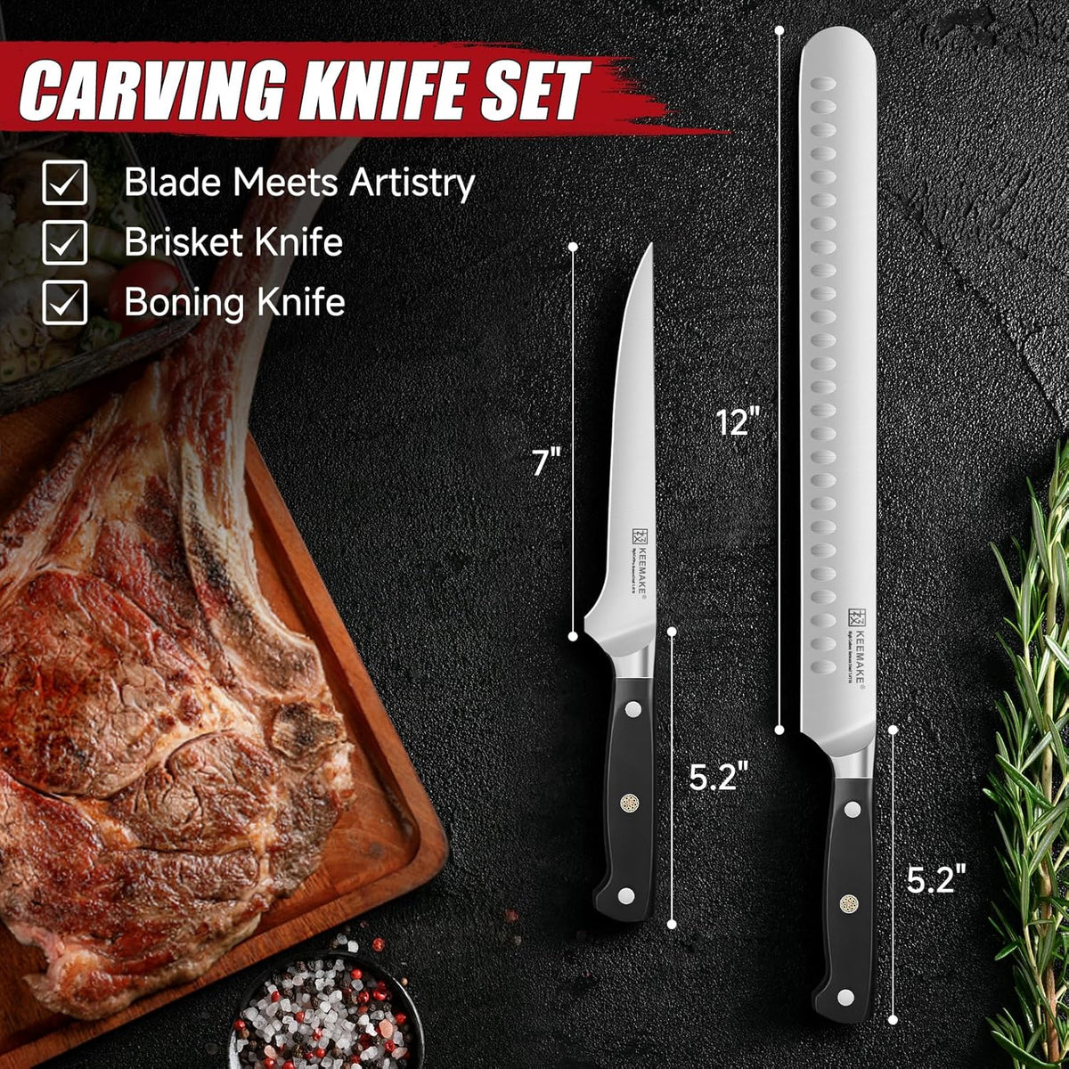 Keemake BBQ Carving Knife Set, Brisket Knife and Boning Knife for Meat Cutting, High Carbon Stainless Steel Sharp Knives Set for Kitchen