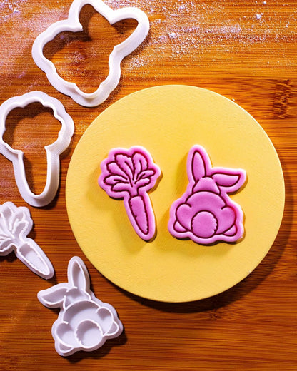 Bakerlogy Bunny Munch - Mini 2" Cookie Cutter & Stamp Set - Bunny Butt & Carrot Design for Easter & Spring Cookies, Cupcakes & Fondant Decorations