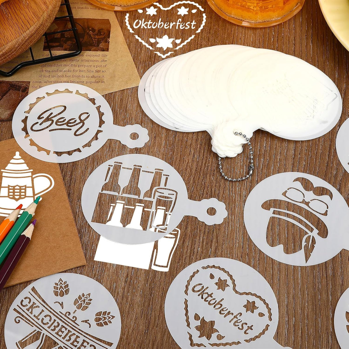 Julbear 36 Pieces Reusable Oktoberfest Cookie Cake Stencils Bavarian Style Templates Mold Tools for Oktoberfest Party Cookies Baking Painting Coffee