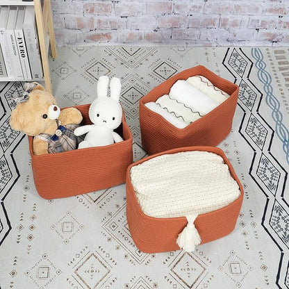 Cotton Rope storage Basket Bins Woven Basket for Organizing Shelves 15X10X9.3" Rectangle Decorative Baskets For storage Clothes Toys Books Towels Nursery basket organizer 3 pack Rust