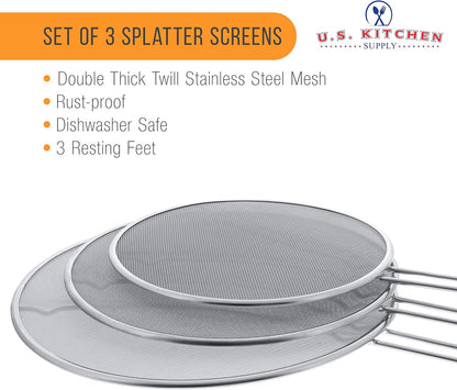 U.S. Kitchen Supply Set of 3 Stainless Steel Splatter Screen - 13", 11.5" & 9.5" Sizes - Fine Mesh Splatter Screen with Resting Feet Set, Grease Guard for Kitchen Pots and Pans
