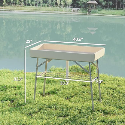Outsunny Folding Ice Cooler Table with Drain, Fill and Chill, Tan, 40.6"L x 22"W x 32.3"H, Modern Picnic Table
