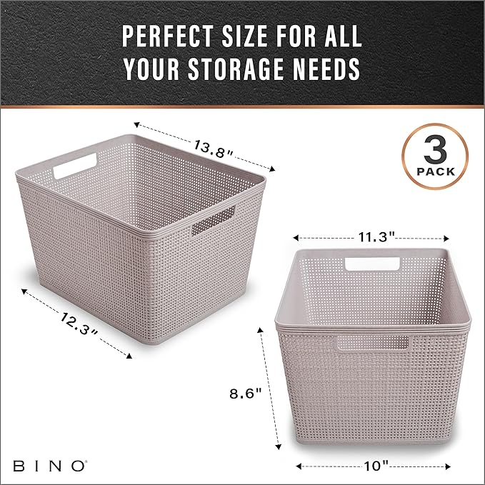 BINO | Woven Plastic Basket | Large (Natural Grey), 3-Pack | THE JUTE COLLECTION | Home Organization, Space - Saving Storage, Stylish Design | Jute Basket | Plastic Storage Basket