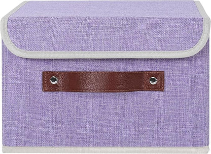 ANMINY Storage Bin with Lid Storage Boxes with PU Leather Handles PP Plastic Board Decorative Foldable Lidded Cotton Linen Fabric Home Cubes Baskets Closet Organizer Container - Purple, Small Size