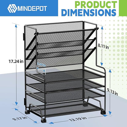 MINDEPOT 4-Tier Paper Organizer + 3-Pocket File Holder + Drawer + Pen Holders, Desktop File Organizers Paper Tray for Office Supplies School Classroom Organization (Black, No Drawer & Pen Holder)