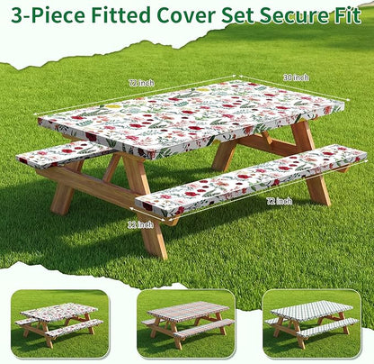 Picnic Table Cover with Bench Covers and Bag - Outdoor Camping Accessories Waterproof Camping Tablecloth with Elastic Edges Fitted Rectangle Tables and Seats