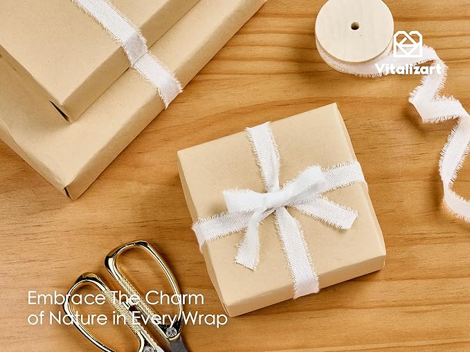 Vitalizart White Cotton Ribbon Handmade Fringe 5/8" x 21 Yd Pure Natural Cotton Ribbons for Gift Wrapping Wedding Invites Bridal Shower Bouquets Holiday Decor