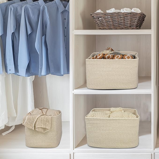 XUANGUO Rope storage Basket Bins Woven Basket for Organizing Shelves 15X10X9.3" Rectangle Decorative Baskets For storage Clothes Toys Books Towels Nursery basket organizer 3 pack Oatmeal
