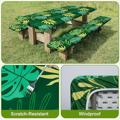Picnic Table Cover with Bench Covers Windproof Waterproof Picnic Table Covers Camping Tablecloth with Self-Storage Bag, 72in, Green