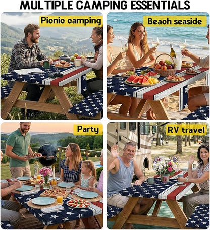 Picnic Table Cover with Bench Covers Waterproof Rectangle Tablecloth Camping Essentials Supplies Rv Travel Must Haves Gear Accessories Fitted Table Cloth Outdoor Road Trip Camper Gifts American Flag