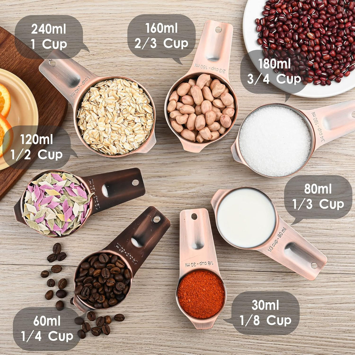 Copper Measuring Cups Set 7, Stainless Steel Set for Kitchen & Baking, Meteor Metric & US Cups With 2/3 & 3/4 Measure for Dry & Liquid Ingredients