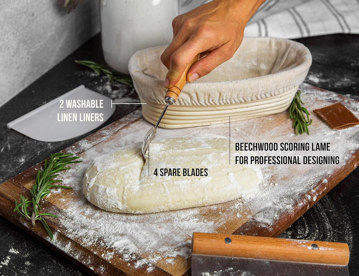 Kook Banneton Bread Proofing Set, Artisan Sourdough Bread Making Kit, 9.8 Inch Rattan Baskets and Liners, Metal & Plastic, Scrapers, Scoring Lame & Case, 4 Extra Blades, Set of 2, Oval