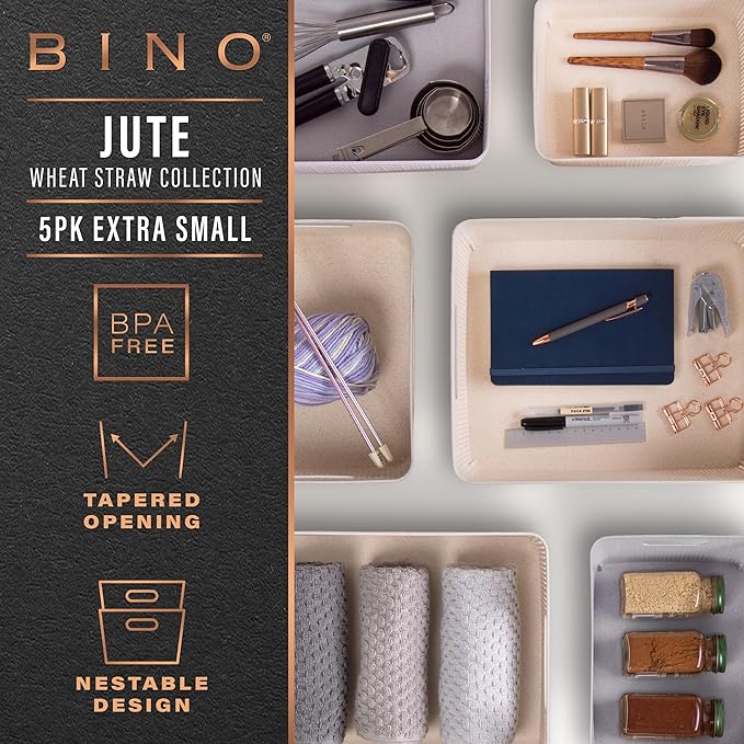 BINO | Woven Plastic Basket | XS (Natural Grey), 5-Pack | THE JUTE COLLECTION | Home Organization, Space - Saving Storage, Stylish Design | Jute Basket | Plastic Storage Basket