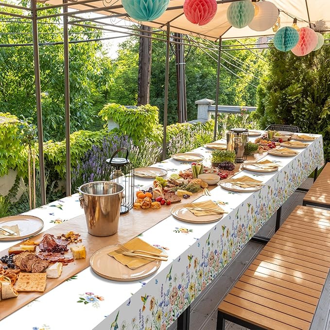 3 Pack Spring Summer Floral Tablecloth Decorations, Wildflower Plastic Disposable Table Cloth, Wild Flower Rectangle Table Cover for Garden Picnic Baby Shower Tea Party Decorations, 54x108 Inch