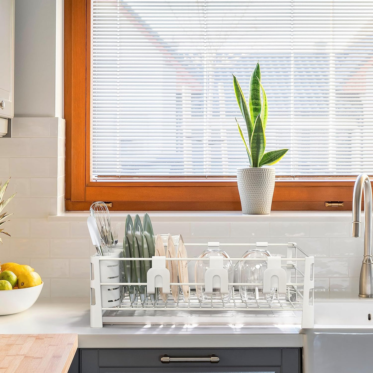 SIMPLE HOUSEWARE White Dish Drying Rack with Drainboard, Utensil Holder & Mug Hooks – Metal Kitchen Counter Organizer