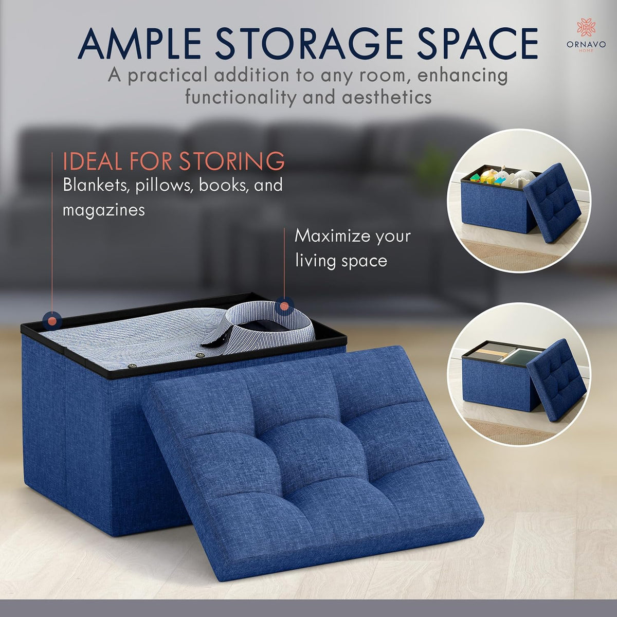 Ornavo Home Small Storage Ottoman Foldable Collapsible Rectangle Linen Ottoman Foot Rest Stool Seat, for Living Room, Bedroom, Home Office, Dorm - 12 x 16 x 12, Navy Blue