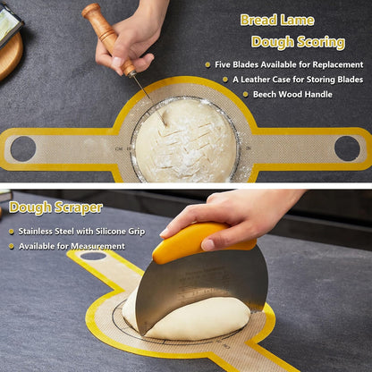 Sourdough Bread Baking Set - 10 Inch Oval & 9 Inch Round Banneton Bread Proofing Baskets with Linen Liner, Danish Dough Whisk, Dough Scraper Kit