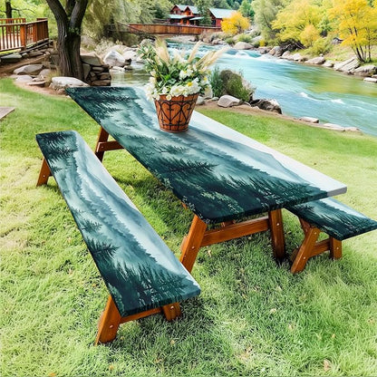 JAWO Green Forest Picnic Table Cover - Fitted Tablecloth with Elastic Edge,Camping Design for Outdoor Camping, BBQ Decor, 60x30 Inch