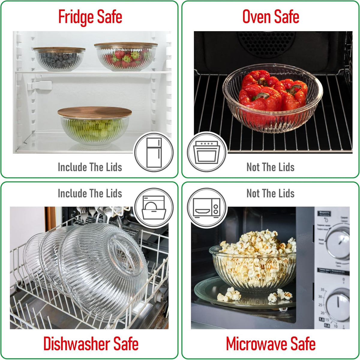 Set of 3 Stackable Space-Saving Nesting Glass Salad Bowls with Acacia Lids for Foodprep, Storage, Baking, Mixing & Cooking