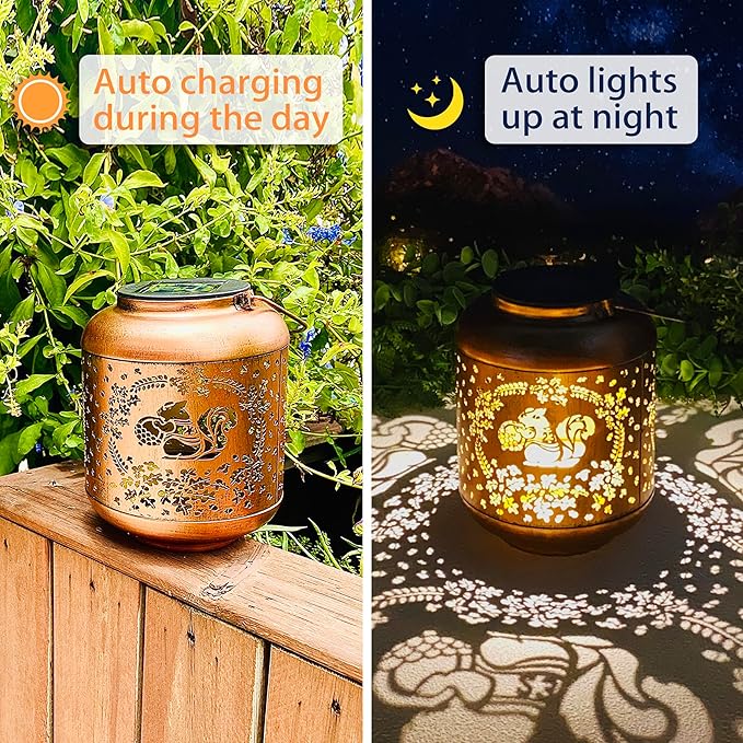 2 Pack Squirrel Solar Lanterns Outdoor Waterproof Hanging Solar Lights Squirrel Gifts for Women Men Metal Decorative LED Lanterns for Yard, Patio, Lawn, Tabletop, Pathway, Landscape, Garden Decor