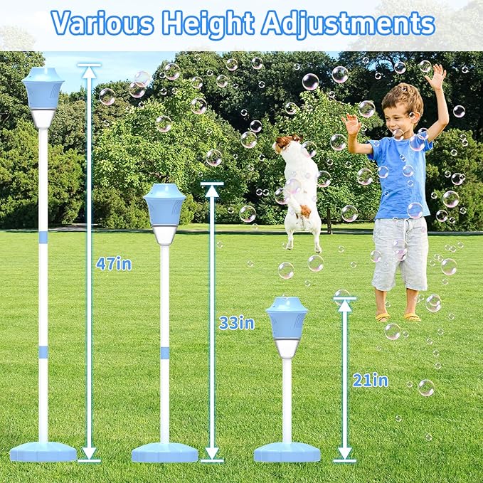 Infowush Bubble Machine for Kids, Automatic Standing Bubble Maker Machine Height Adjustable Up to 47 Inches Outdoor Battery Bubble Machine with Light/Music for Toddlers Birthday Party Gifts（Blue）